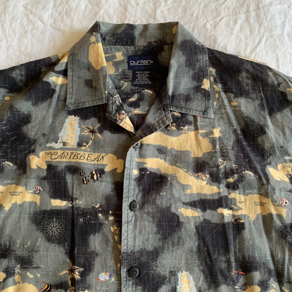 Puritan Caribbean Map Hawaiian Shirt Mens M Island Tropical Novelty Print Cotton